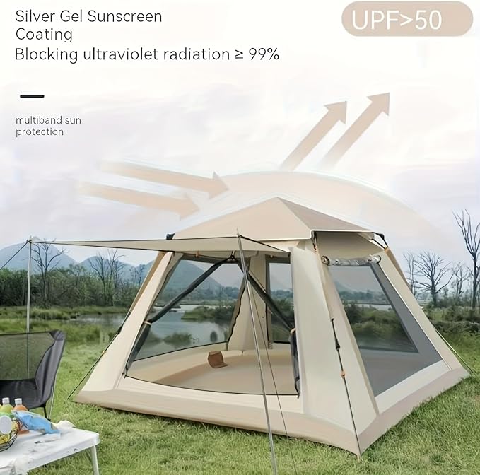 2-3 Person Family Camping Tent with Awning Quick Setup All-Season Tent Windproof Waterproof with Mosquito Net &amp UV Protection Beige Oxford Fabric