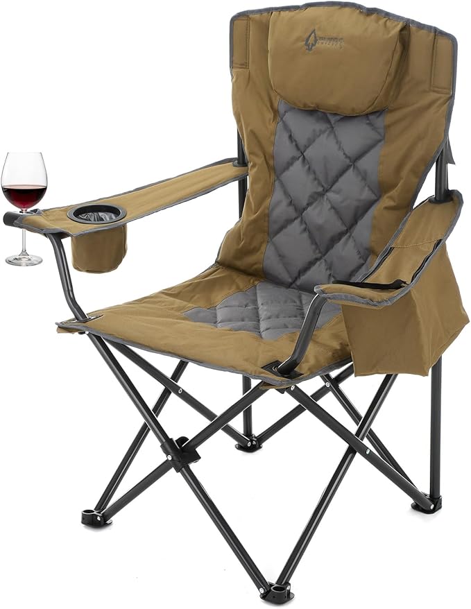 ARROWHEAD OUTDOOR Portable Deluxe Folding Camp Quad Chair w/Headrest Glass &amp Cup Holders Armest 6-can Cooler Heavy Duty Carry Bag 550 lbs Weight Capacity
