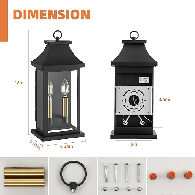 tewei 2-Light Black Outdoor Light Fixture Porch Light Outdoor Wall Sconce Lantern 18'' Exterior Lighting Fixture Wall Mount E12 Gold Base Outside Light for House Backyard Garage 1-Pack