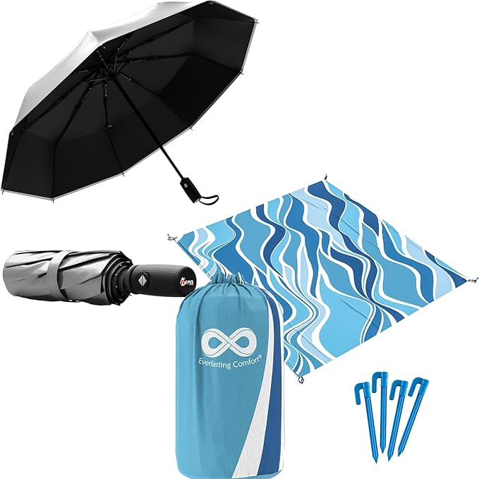 Beach Blanket and UV Umbrella – Sandproof Mat and Wind-Resistant Shade for Outdoor Comfort at The Beach Park or Festivals