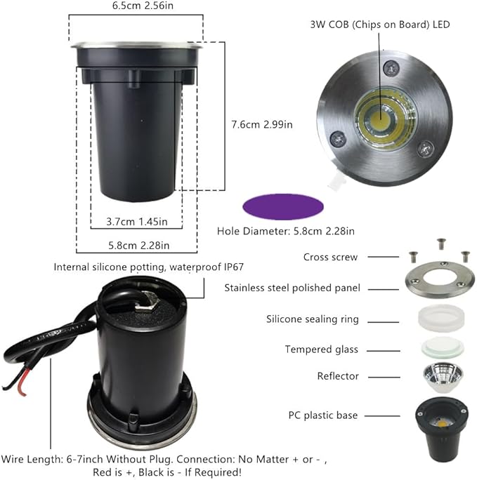 6 Pack 3W Warm White LED Well In Ground Landscape Lights IP67 Waterproof for Outdoor Lighting Garden Yard Patio Driveway Deck Step Pathway Low Voltage 12V 24V DC AC