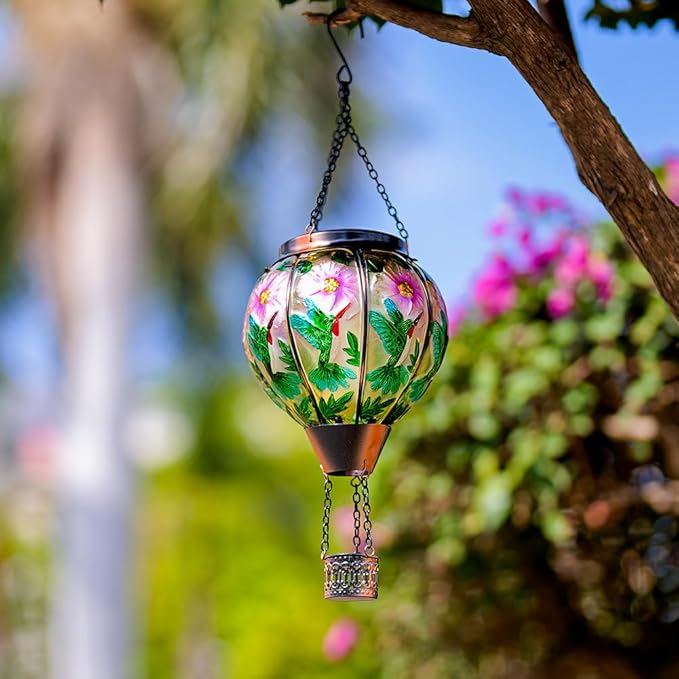 DREAMSOUL 2PCS Hummingbird Hot Air Balloon Solar Lantern Hanging Glass Solar Lanterns Outdoor Waterproof for Garden Tree