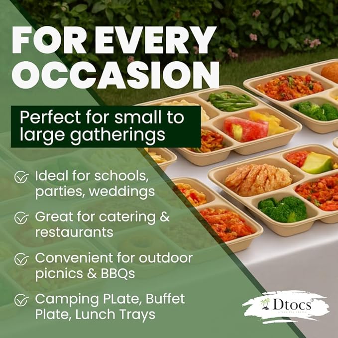 Dtocs Compartment Plates Disposable (40 Pcs) 4 Portions | Bamboo Fiber Heavy Duty Sectional Lunch Trays for Camping Catering Buffet Dinner | Microwavable Leak-Proof Multipurpose Divided Plates
