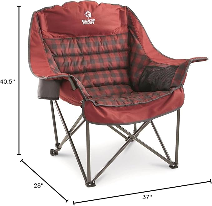 Guide Gear Oversized Extra Large Padded Camping Chair Portable Folding Large Camp Lounge Beach Chairs for Outdoor Adults Men and Women Heavy-Duty 400 Pound Capacity with Cup Holder Red Plaid