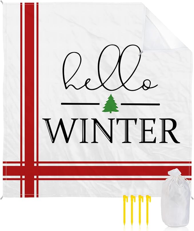 Beach Blanket Waterproof Sandproof OversizedChristmas Simple Red Stripe on White Beach Mat with Corner Stakes Sand PocketsHello Winter Quote Outdoor Picnic Mat for Travel Camping Hiking 95x80In