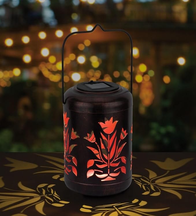 Regal Art &amp Gift Solar Flower Shadow Lantern Outdoor Waterproof Garden Décor Ideal Gift for Women Mom Grandma – Hanging Metal Solar Lights for Yard Patio Backyard Porch Red