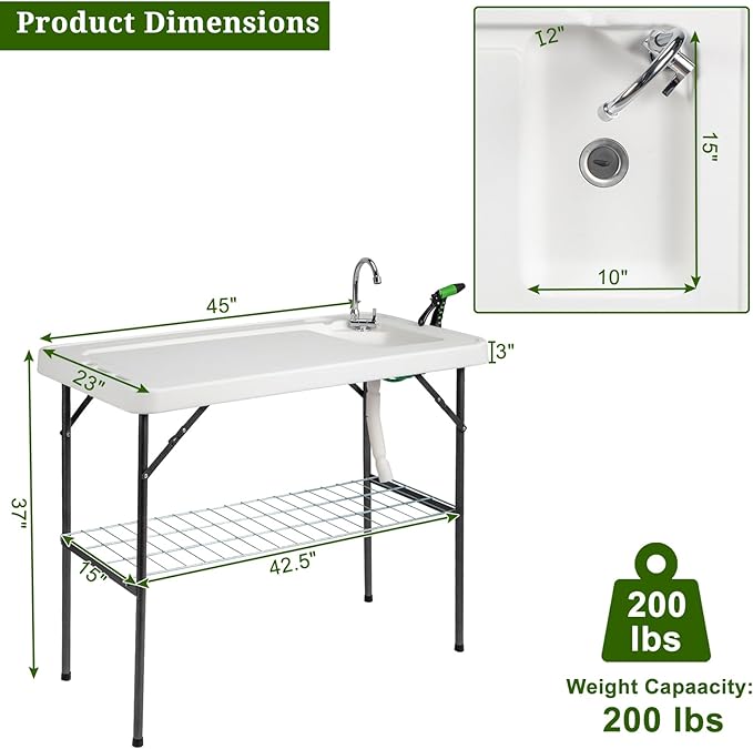 VINGLI Upgarded Folding Fish Cleaning Table with Sink Portable Camping Sink Table with Grid Rack &amp Sprayer Fish Fillet Cutting Table with Drainage Hose for Patio Backyard BBQ…