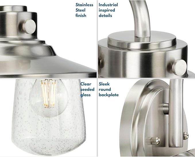 Tremont Collection 1-Light Clear Seeded Glass Stainless Steel Industrial Outdoor Medium Wall Lantern Light