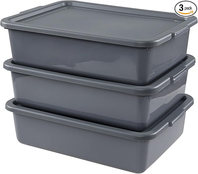 Ggbin 13 L Commercial Bus Tub with Lid 3 Packs Grey Restaurant Wash Basin Dish Pan