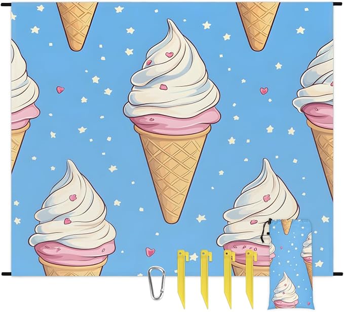 Waterproof Sandproof Beach Blanket 59''×68'' Snowflake Ice Cream Polyester Outdoor Picnic Blanket with 4 Stakes &amp Storage Bag for BeachCampingVacation Blue