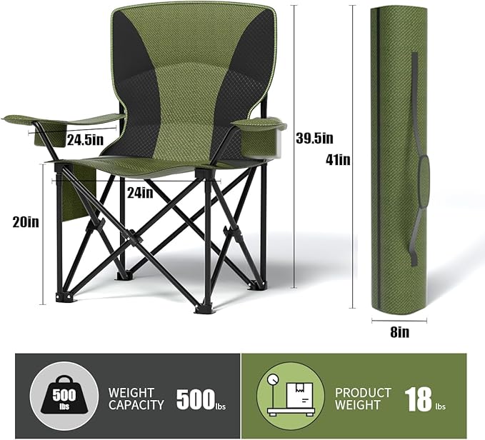 Heavy Duty Folding Chair 500LB Capacity Oversized Camping Chairs with Cup Holder Cooler Bag &amp Storage Pouch Double-Layer Fabric Outdoor Chairs for Sports Lawn Chairs (2 Black Green Oversize