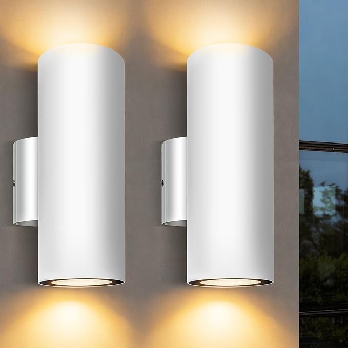 JO.KO Porch Light in 2 Lights Cylinder Wall Lights 10.24 2 Pack Up Down Lights 2700K Warm White Waterproof Wall Sconce AluminumExterior Light Fixture Wall Mount White