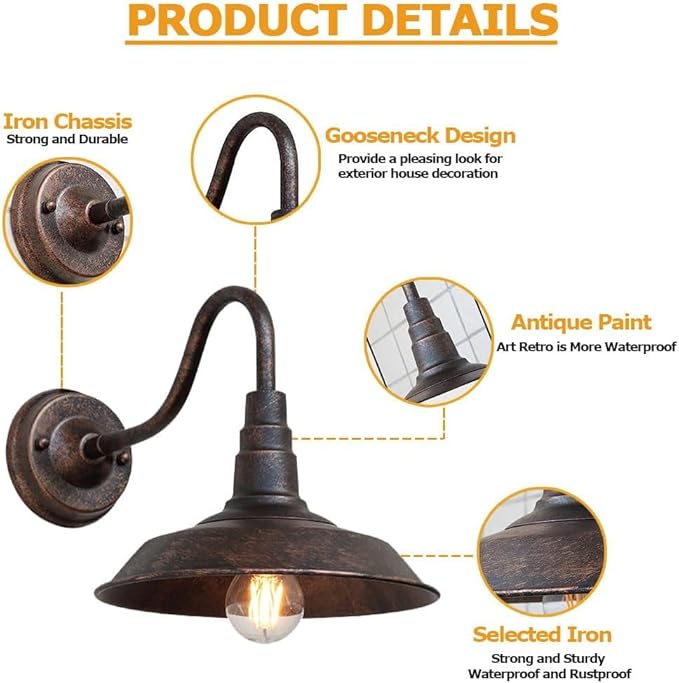 4-Pack Outdoor Gooseneck Barn Light 10 Retro Exterior Wall Light Iron Art Dome Farmhouse Wall Sconces Anti-Rust Waterproof Outdoor Light for House Porch Garage Entryway