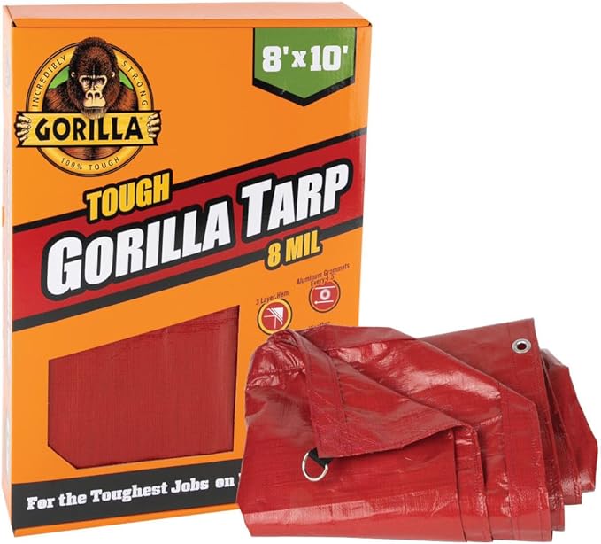 Gorilla Tough Tarp 8 ft x 10 ft Heavy-Duty Waterproof Polyethylene 8 mil Thick UV Treated with Reinforced Edges &amp Aluminum Grommets - Durable Outdoor Tarp for Camping Gardening Construction