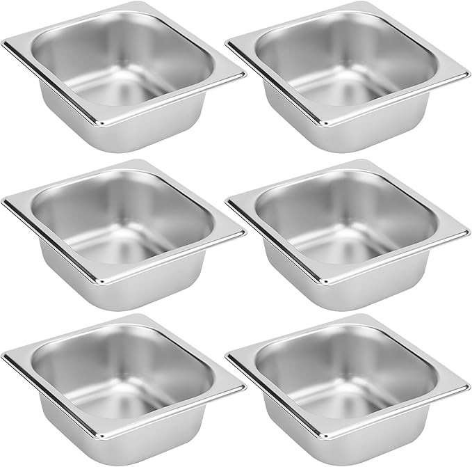 SHEUTSAN 6 PCS 1/6 Size Steam Table Pan 2.5 Inch Deep Metal Pan Small Stainless for Hotel Restaurant Buffets Party