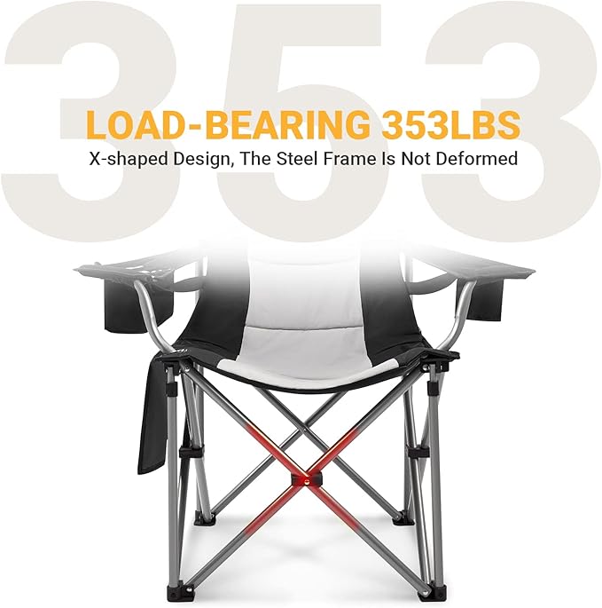 KingCamp Folding Portable Camping Chairs Oversized Padded Quad Arm Chair with Cooler Bag Cup Holder and Side Pocket Heavy Duty Supports 300 lbs for Outdoor Lawn Fishing Sports