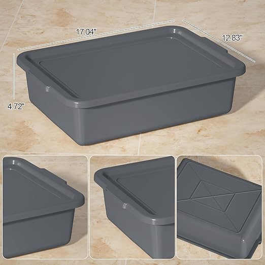 Gray Bus Box with Lid 13 L Plastic Commercial Bus Tub 3 Packs