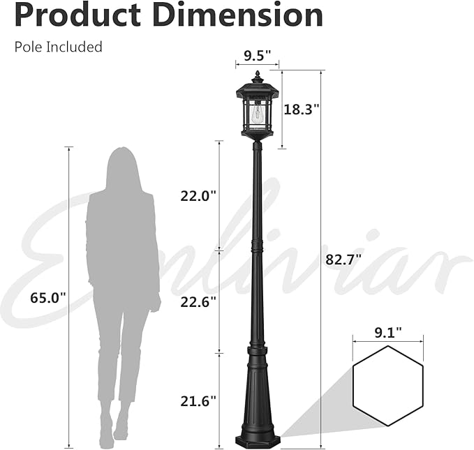 Emliviar 82 Solar Street Lamp Outdoor LED Dusk to Dawn Pole Solar Light with Remote Control Waterproof Post Lighting with Seeded Glass A2202110PL-SL BK