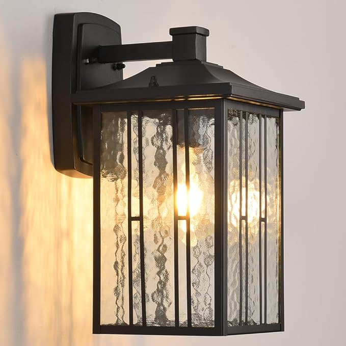 Outdoor Porch Light Fixtures Black Wall Sconce Exterior Light Large Front Ddoor Sconce Lights Water Glass Outdoor Wall Lantern for Porch Garage House 15”H
