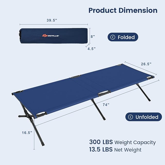 Goplus Folding Camping Cot with Carrying Bag Portable Lightweight Outdoor Sleeping Bed for Adults Kids 300LBS Weight Capacity Heavy-Duty Camping Bed for Traveling