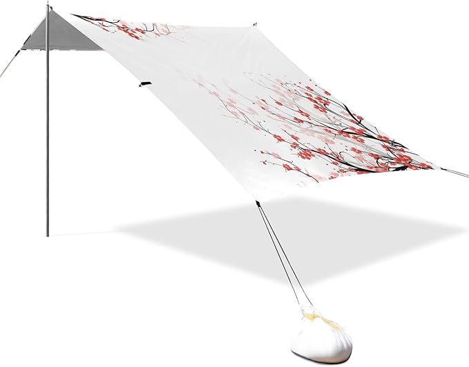 ALAZA Red Cherry Blossom Flowers Floral Beach Tent Sun Shelter UPF50+ Protection Beach Shade Canopy w/ 4 Sandbags for Outdoor Camping Fishing Backyard Fun Picnic 10x9 ft