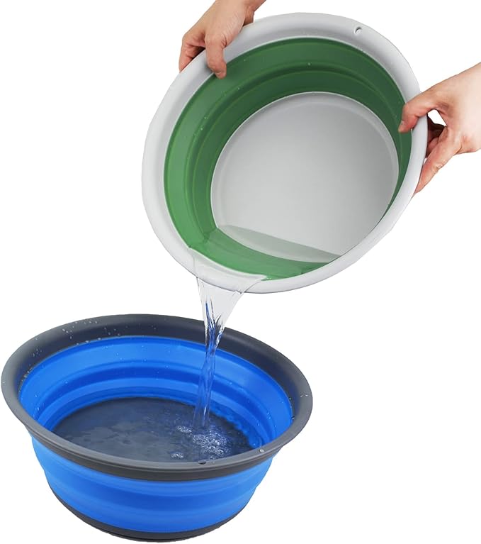SAMMART 7.5L Set of 2 Collapsible Tub - Foldable Dish Tub - Portable Washing Basin - Space Saving Plastic Washtub (Grey + Dark Sea Green)