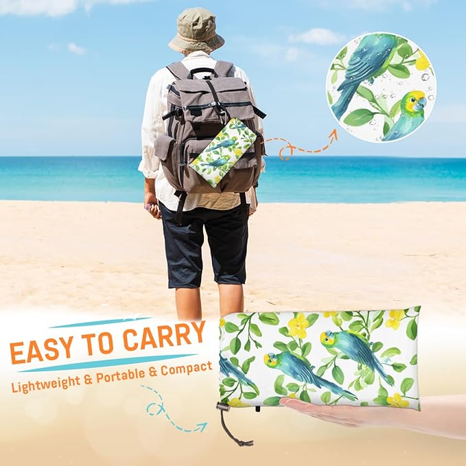 Waterproof Sandproof Beach Blanket 59''×68'' Watercolor Parrot Polyester Outdoor Picnic Blanket with 4 Stakes &amp Storage Bag for BeachCampingVacation White