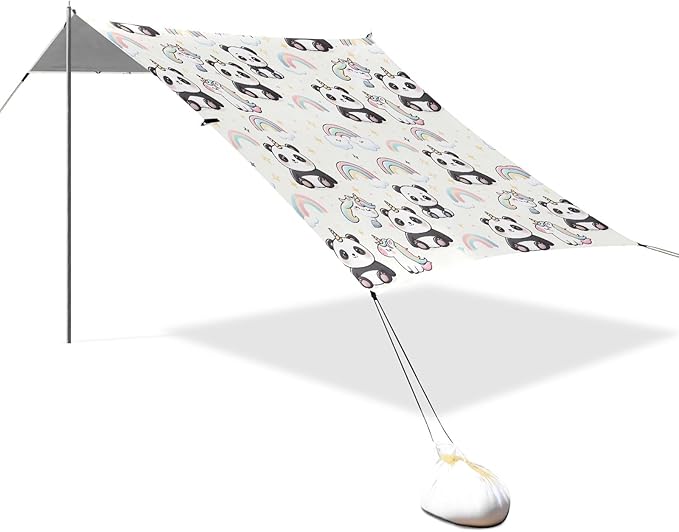 Camping Sun Shelters Cute Panda Unicorn and Cartoon Little Rainbow Beach Canopy 126 * 110.2in