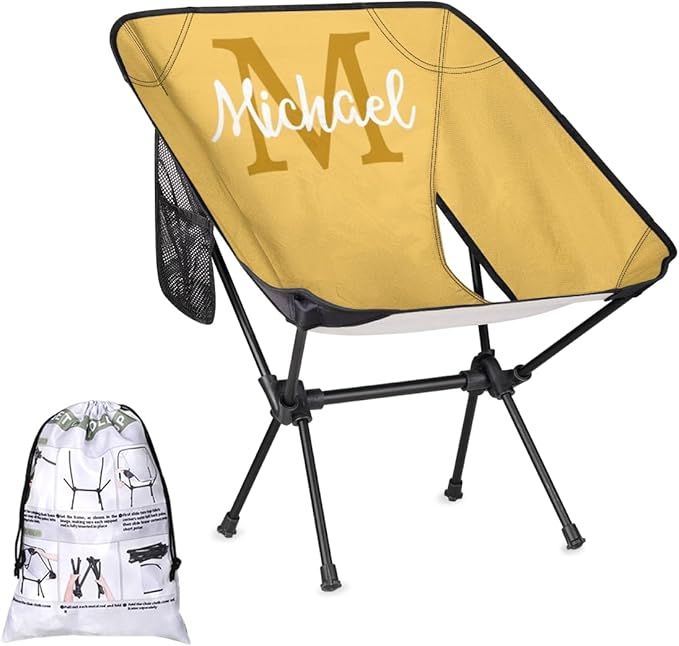 Custom Yellow Portable Camping Chair Personalized Backpacking Chair with Name Lightweight Foldable Chairs for Hiking Beach