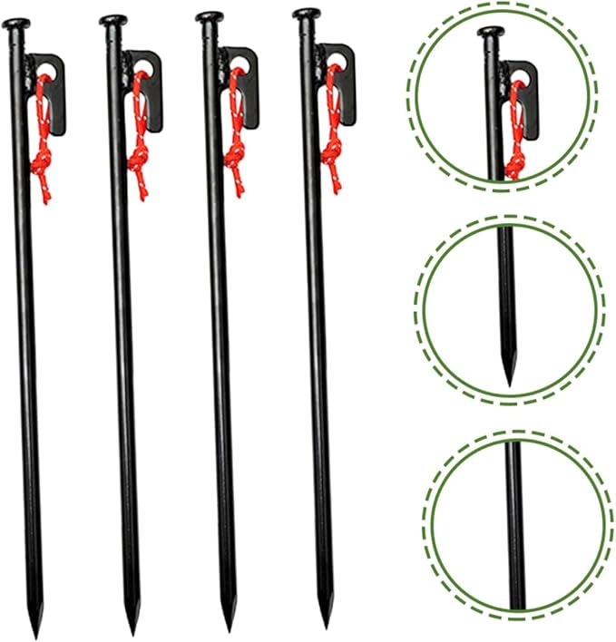 Kisangel 8pcs Heavy Duty Metal Tent Pegs with Rope 30cm Black Ground Stakes Set for Outdoor Camping Tarp Fixing and Windproof Tent Anchors with Storage Bag