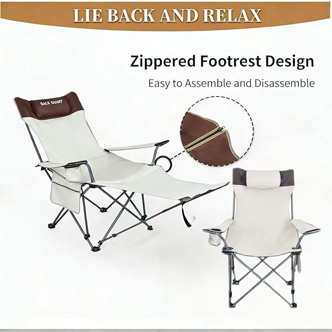 2 Pack Adjustable Folding Camping Chairs with Detachable Footrest and Headrest Lightweight and Portable Ideal for Hiking Travel Fishing and Outdoor Activities (Beige)