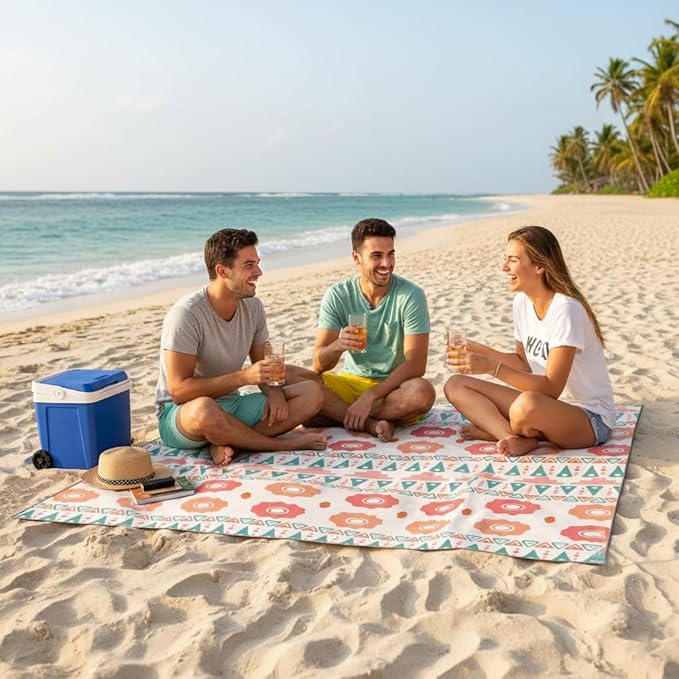 Beach Blanket Sandproof Waterproof 79 X 79 Oversized Outdoor Picnic Blanket Large Sand Free Beach Mat Lightweight Foldable Mat for Travel Camping Festival (Orange Floral Shore)