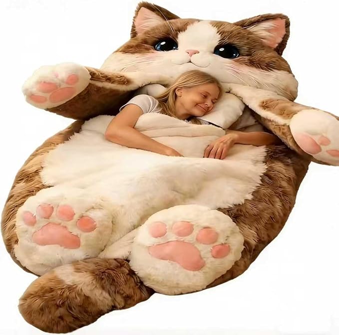 Cat Shaped Sleeping Bag for Adults 69x31 Extra Large Plush Floor Lounger Cozy Envelope Sleep Sack for Camping Travel &amp Indoor Use Soft Washable Warm Blanket