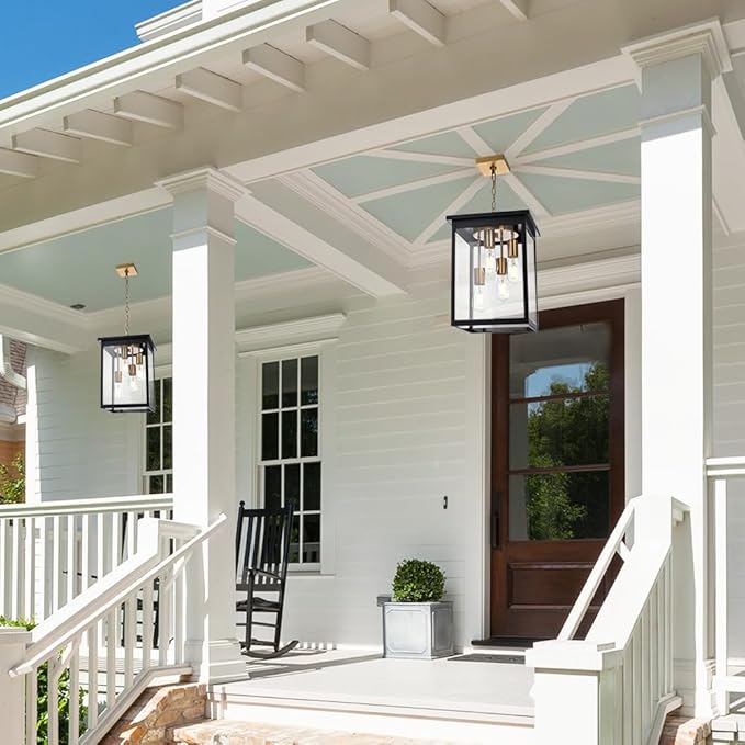 TODOLUZ Outdoor Pendant Light Fixtures 4-Lights Large Outdoor Ceiling Hanging Lanterns in Black &amp Brushed Brass Farmhouse Exterior Chandelier for Front Door Entry Patio