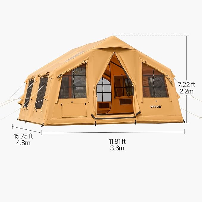 VEVOR Inflatable Tents for Camping Easy Setup Blow up Tent with Hand Pump 4 Season Glamping Tent with Stove Jack Doors &amp Mesh Windows Storage Bag Included for Easy Taking