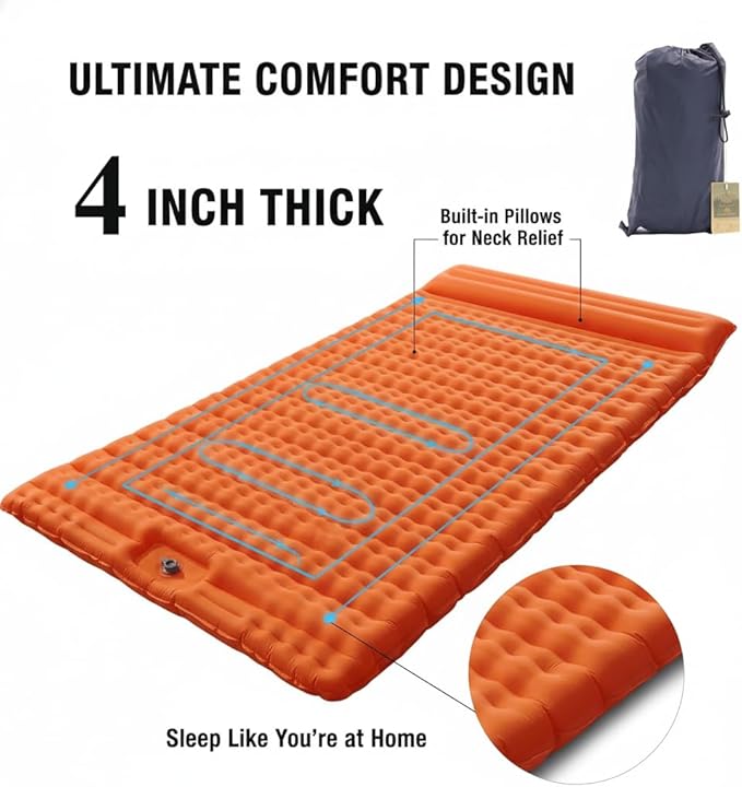 HI FINE CARE Double Camping Sleeping Pad 2 Percon Ultralight Camping Mat with Pillow Built-in Foot Pump Inflatable Sleeping Pads Compact for Hiking Traveling Tent