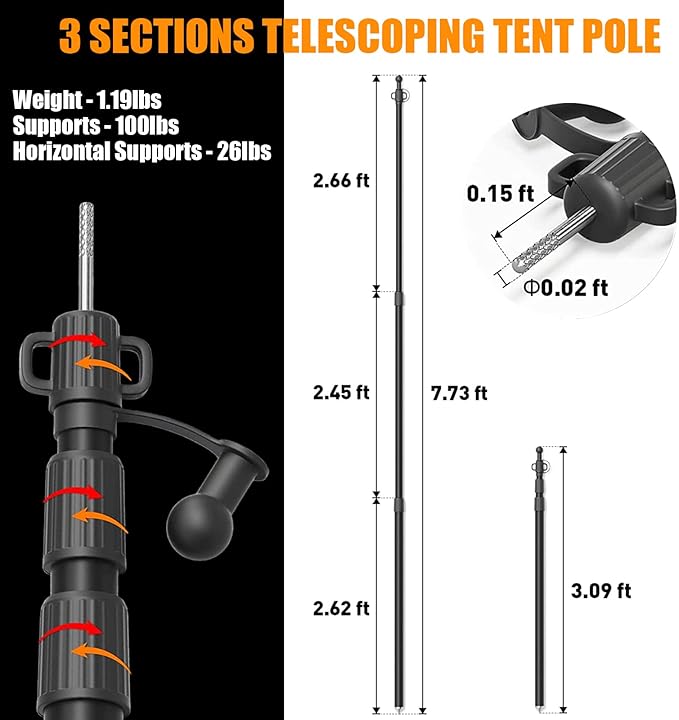 WILDROAD Tarp Poles Tent Poles Canopy Poles 7.7 ft Telescoping Aluminum Poles with Non-Slip Aluminum Cone Bottom Portable and Lightweight Camping Gear for Camping and Awnings Set of 4