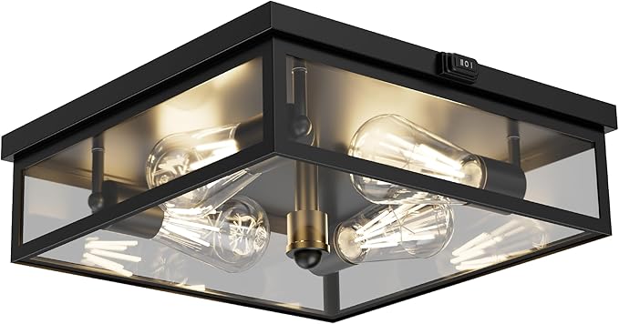 Caftersmark Outdoor Ceiling Light with Motion Sensor 14‘’ Flush Mount Porch Ceiling Light lear Glass with Dusk to Dawn 4-Light Close to Ceiling Light Fixture for PatioPorchGarage