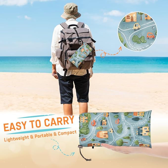 Waterproof Sandproof Beach Blanket 59''×68'' Landscape Polyester Outdoor Picnic Blanket with 4 Stakes &amp Storage Bag for BeachCampingVacation Map