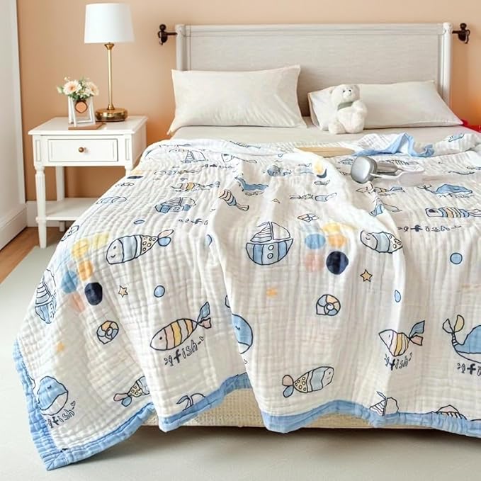 ITFRO Cooling 6 Layer Cotton Muslin Blanket For Hot Sleepers Twin Size 60x80 Inches Whale Soft Breathable Lightweight Reversible Summer Gauze Blanket for Adults Couch Sofa Bed Camping (Whale 60x80)