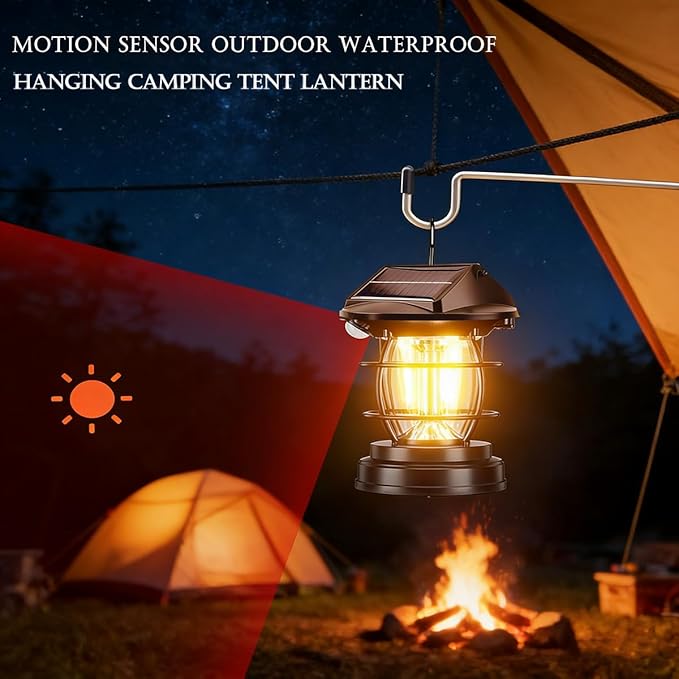 [1200lm] 2 Pack Motion Sensor Solar Lanterns Outdoor Lighting Fixtures Portable Camping Exterior Front Porch Waterproof Black Wall Sconce Lamp Rechargeable Anti Rust Coach for House Doorway Garage