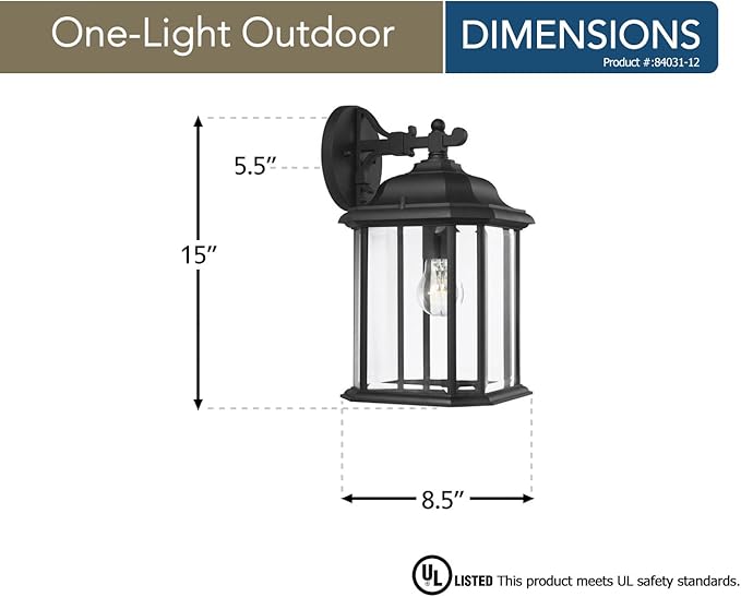 Sea Gull Lighting 84031-12 Kent One-Light Outdoor Wall Lantern with Clear Beveled Glass Panels Black Finish