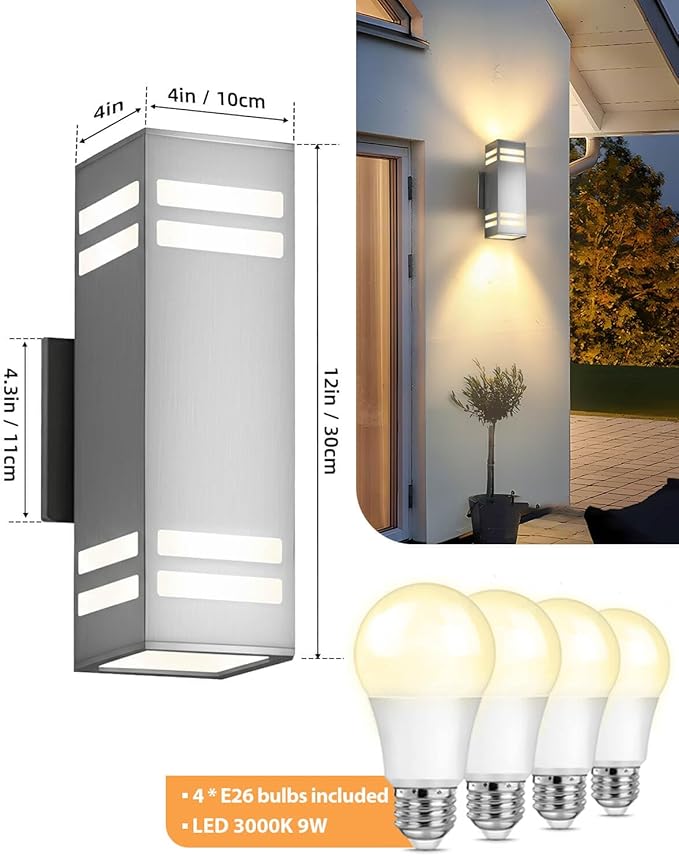 SHIMR Dusk to Dawn Outdoor Lighting 2 Pack Up and Down Lights Stainless Steel Exterior Light Fixture with Photocell Sensor Waterproof Modern Outside Lights for House Garage Porch LED Bulbs Included