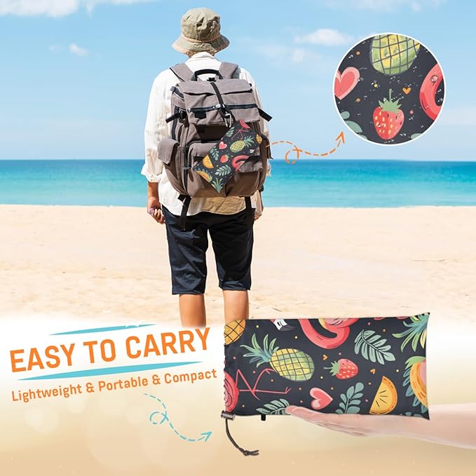 Waterproof Sandproof Beach Blanket 59''×68'' Flamingos Polyester Outdoor Picnic Blanket with 4 Stakes &amp Storage Bag for BeachCampingVacation Pineapple