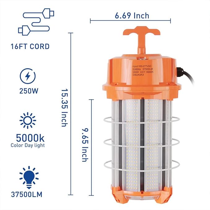 250W LED Temporary Work Light 37500 Lumens Construction Lights 5000K Portable Linkable IP65 High Lumen Super Bright Durable Job Site Lighting with ON/Off Button for Indoor and Outdoor Area Lighting