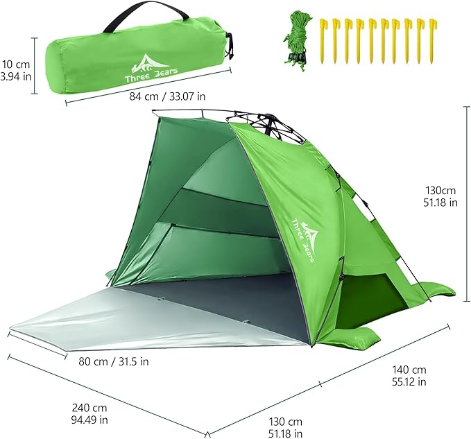 Three Bears Pop Up Beach Tent Sun Shade Shelter for 3-4 Person UPF 50＋ UV Protection Lightweight &amp Easy Setup Beach Shade Canopy Portable Beach Shade Tent Beach Cabana (Green)