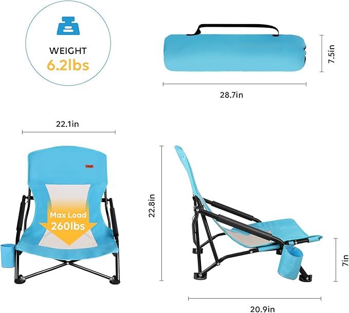 TOBTOS Low Beach Chair for Adults 2 Pack Low Profile Folding with Cup Holder &amp Carry Bag Heavy Duty Chair for Outdoor Sand Camping Concert Travel