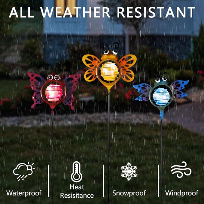 Decorative Solar Lights Outdoor Solar Bee Lights 3 PcsGarden Decorative Stake Lights for Pathway Yard Lawn Decoration Mothers Day Mom Gifts
