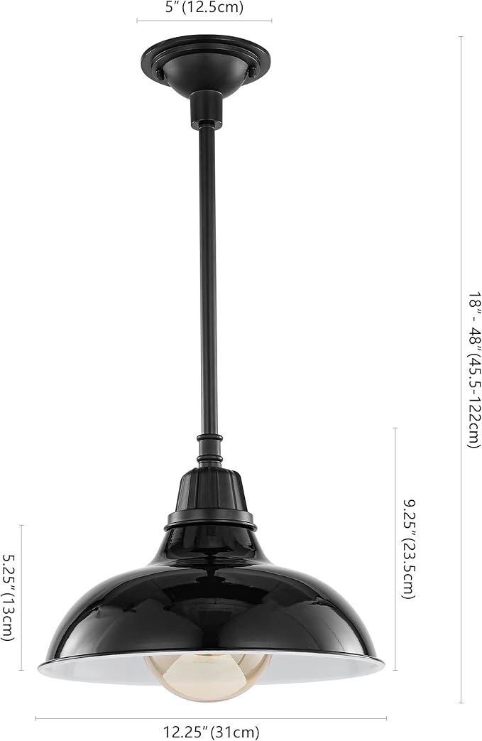 JONATHAN Y 12.25 Black 1-Light Farmhouse Indoor/Outdoor LED Pendant Iron Hanging Light and Black Metal Shade Rustic Ceiling Lamp for Kitchen Island LED Bulb Included (JYL7611B)