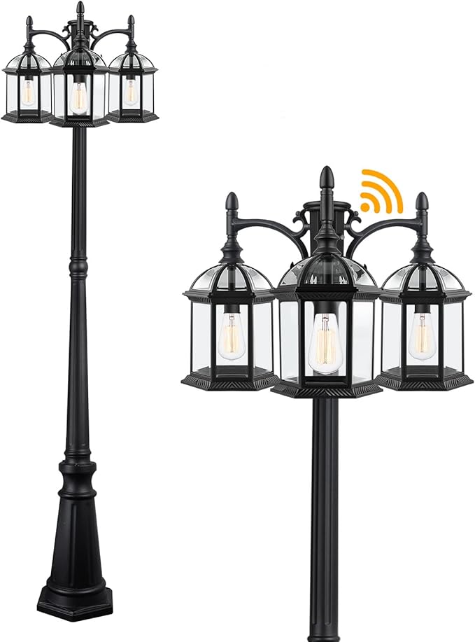 Dusk to Dawn Outdoor Lamp Post Light with 3 LED Bulbs Triple Head Aluminum Street Light Post for Outside with Sensor Waterproof Birdcage Pole Lighting Fixture for Backyard Garden Patio Driveway